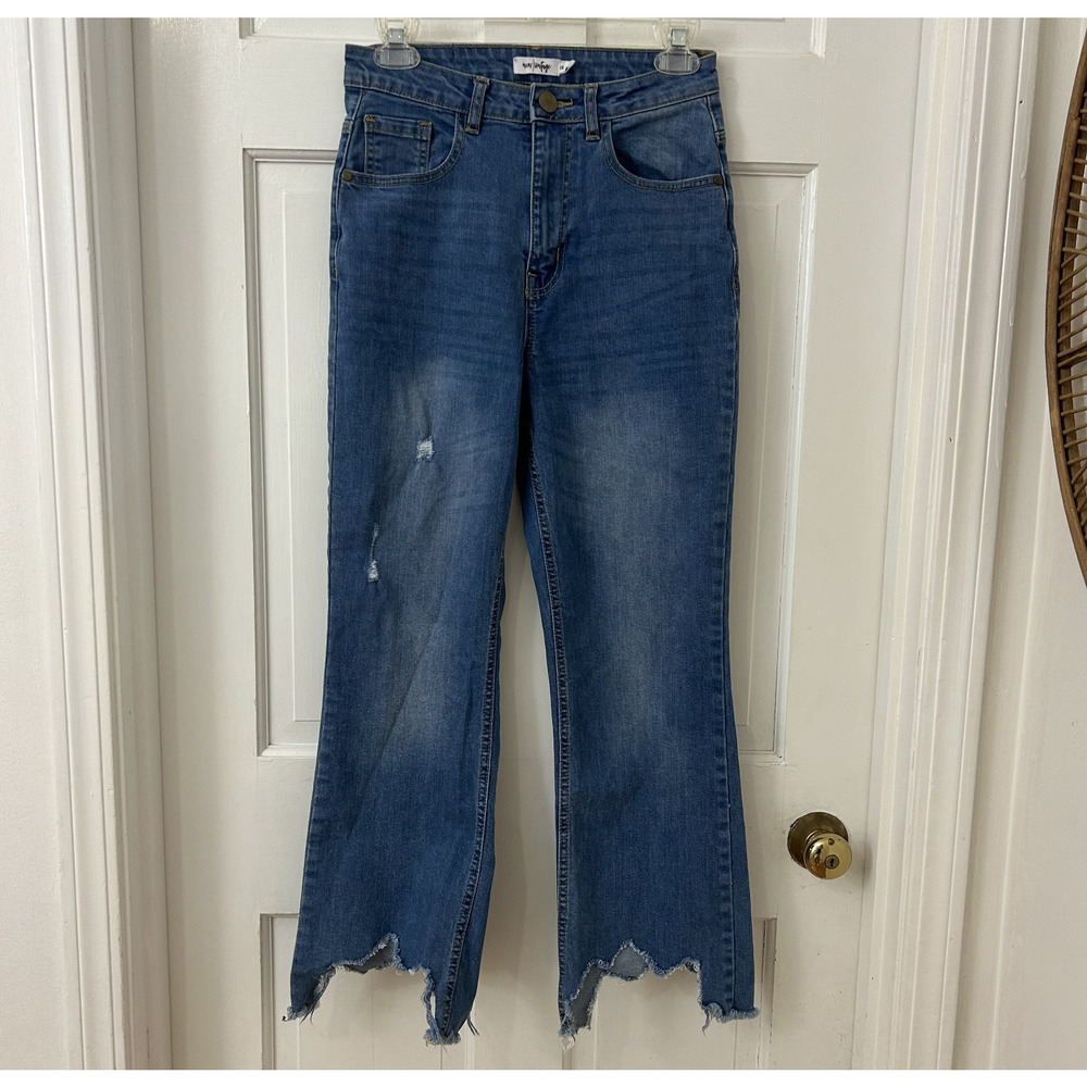 New|Vintage High Rise Distressed Frayed Medium Wash Blue Denim Jeans‎ Sz 6